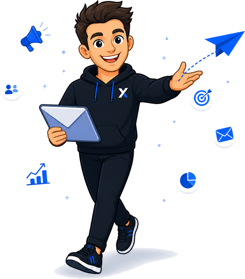 ScopeX Media mascot sending an email campaign