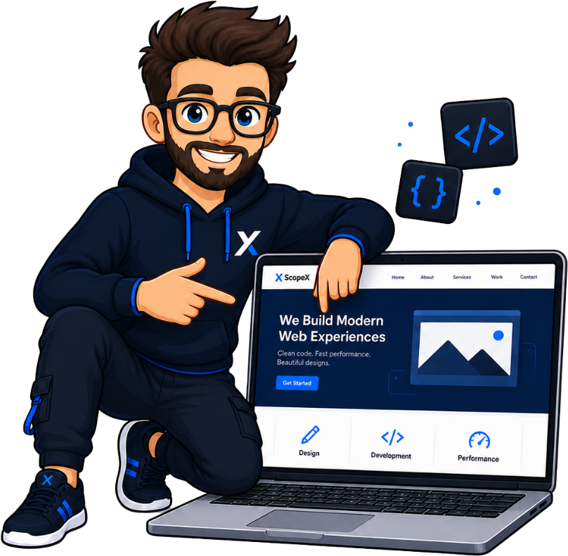 ScopeX mascot presenting a modern website build