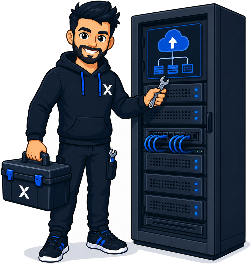 ScopeX Media mascot with a toolbox beside a managed server rack