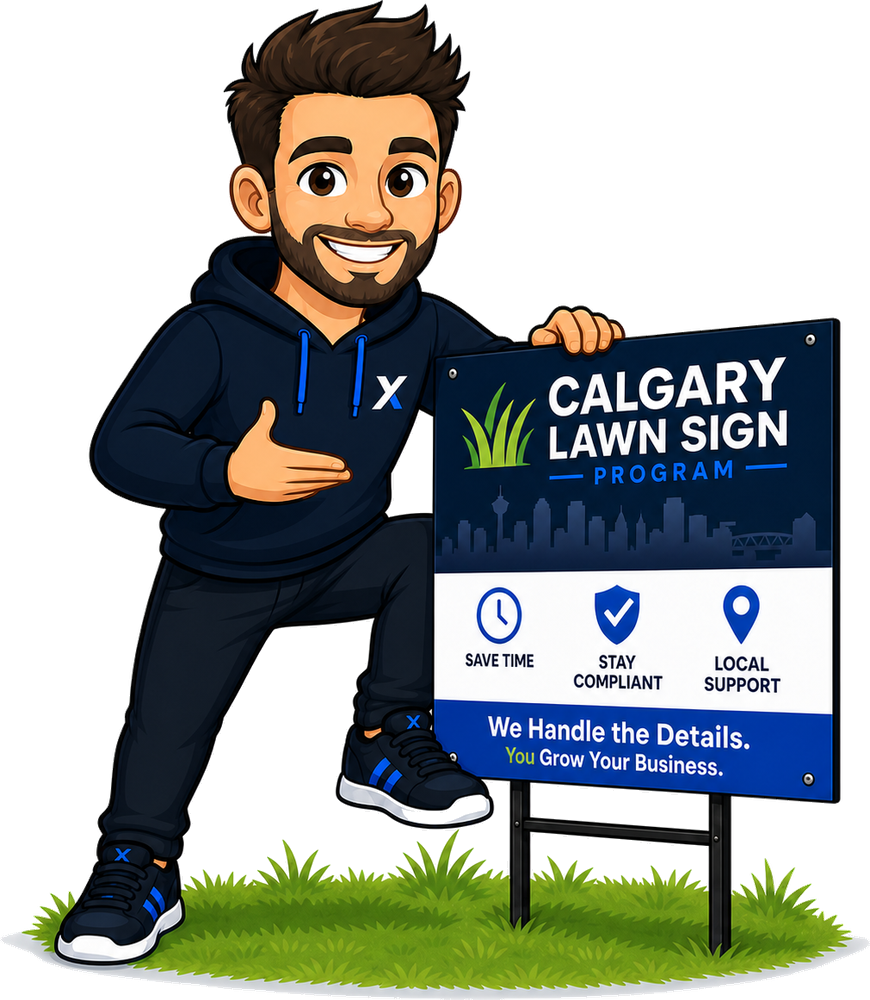 ScopeX mascot with a Calgary Lawn Sign Program yard sign