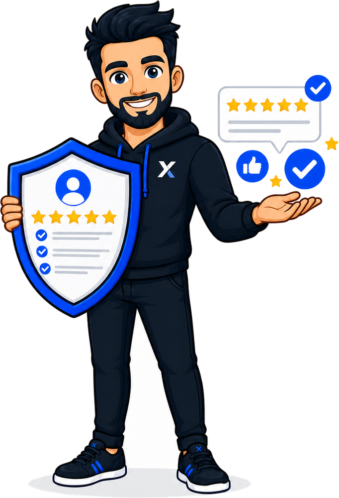 ScopeX Media mascot holding a five-star review card
